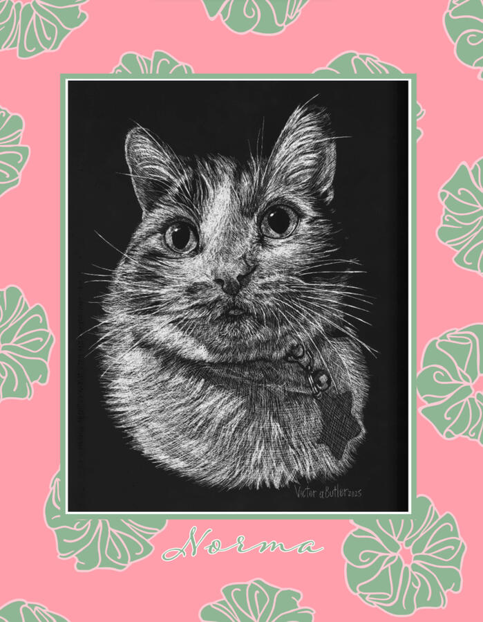 Kitten scratch-art portrait with custom floral border